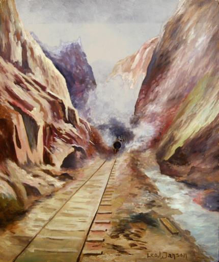 Leo Janson, "Untitled (Train in the Canyon)", watercolor on paper, c. 1900