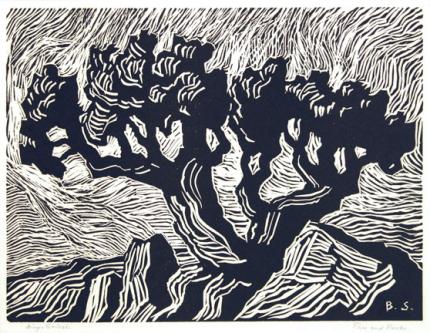 sandzén, Sven Birger Sandzen, "Tree and Rocks, 1 edition printed", linoleum cut, 1925