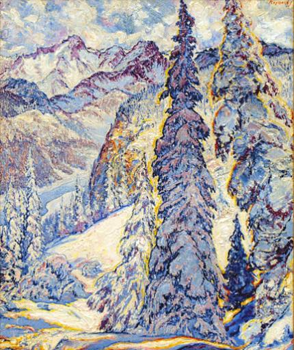Grace Russell Raymond, "Untitled (Mountains in Winter)", oil, c. 1930