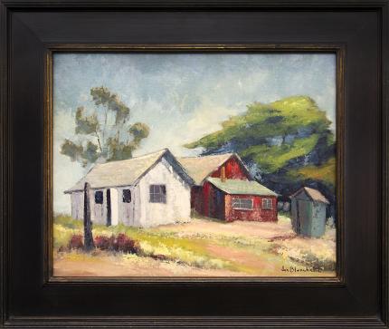 Jon Blanchette, Barns in Soquel, California, vintage oil painting for sale, circa 1950, landscape, architecture, architectural, farm, house, trees, grass, white, red, green, blue, yellow, brown