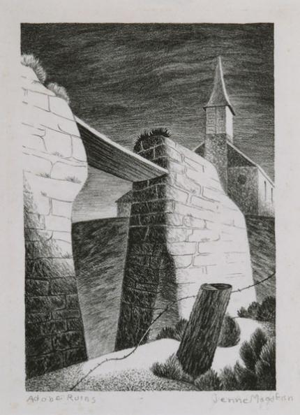 Jenne Magafan, "Adobe Ruins", lithograph, c. 1938