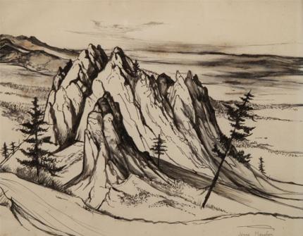 Jenne Magafan, "Rocks in Colorado", ink on paper, c. 1940