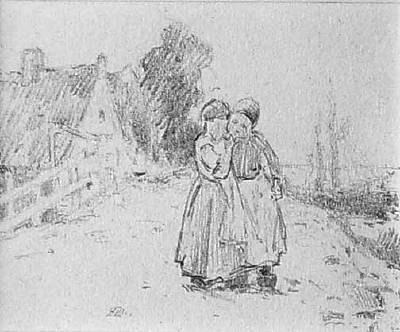 Eanger Irving Couse, "Untitled (Two Girls)", graphite on paper, c. 1910, ei couse, e.i. couse