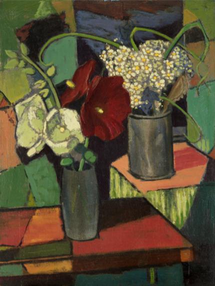Paul Kauvar Smith, "Hollyhocks and Wildflowers (Two Bouquets)", oil, c. 1955