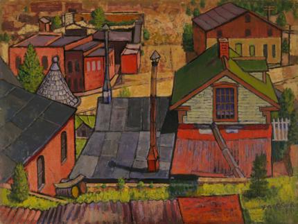 Paul Kauvar Smith, "Untitled (Rooftops of a Mining Town)", oil, c. 1950