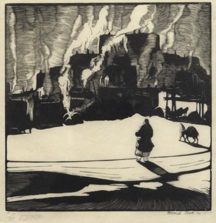 Howard Norton Cook, "Morning Smokes, Taos Pueblo; Edition of 75 (50 printed)", woodcut, 1927