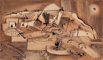 Howard Behling Schleeter, "Village", mixed media, 1947