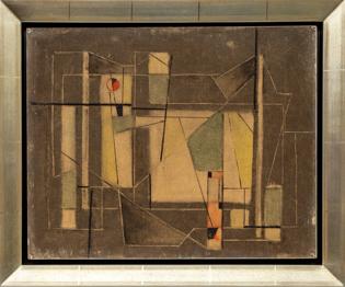 charles bunnell, abstract, painting, geometric, 1950s, 1954, mid century, midcentury, modern, gray, yellow, ivory, black, orange, broadmoor academy, Fine art, art, for sale, buy, purchase, Denver, Colorado, gallery, historic, antique, vintage, artwork, original, authentic