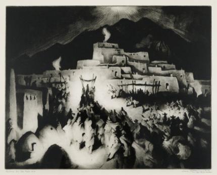 Gene (Alice Geneva) Kloss, "Christmas Eve - Taos Pueblo; Edition of 75", etching, 1946