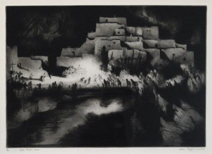 Gene (Alice Geneva) Kloss, "Pueblo Firelight Dance, 30/50", etching, 1952