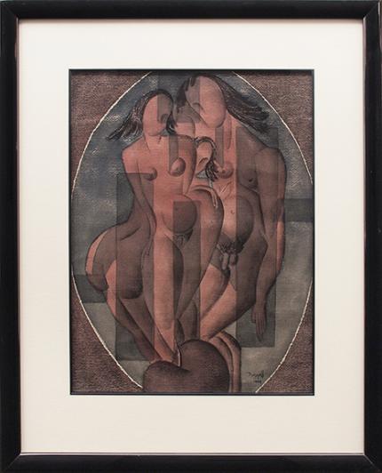 Charles Bunnell, vintage painting for sale, Family, Semi-Abstract Nudes,1944, cubist, man, woman