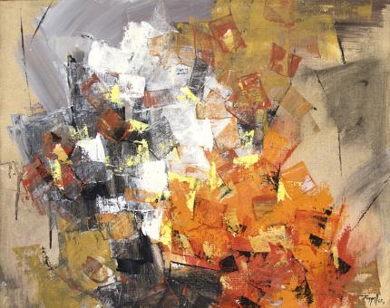 Charles Ragland Bunnell, Untitled (Abstract in Orange, Red, White, Black and Gold), oil, painting, for sale, 1963, mid-century modern art, broadmoor academy