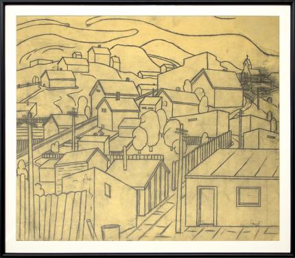 Charles Bunnell, Untitled, Houses and Hills, vintage colorado art for sale, graphite, circa 1935, wpa era, modernist, modernism, regional painting, broadmoor academy