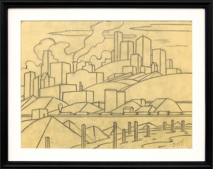 Charles Ragland Bunnell art for sale, Industrial Area with Train, Kansas City, graphite line drawing study sketch, downtown, skyscraper, circa 1935