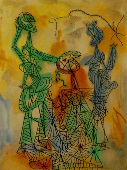 Jan Matulka, "Three Surrealist Figures", mixed media, c. 1934