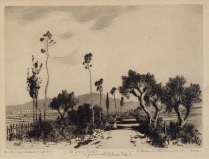 George Elbert Burr, "A Road in the Campagna, Rome (To Jack Foster, From G.E. Burr 12/10/28)", etching, c. 1905