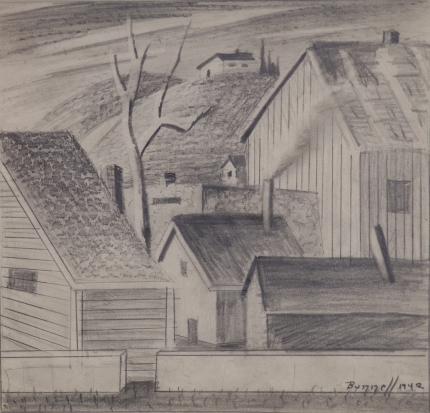 Charles Ragland Bunnell, "Untitled (Houses and Tree)", graphite, 1942 for sale purchase consign auction denver Colorado art gallery museum