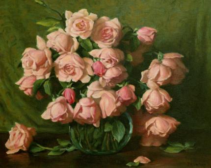 Joseph Henry Sharp, "Belle and Portugal Roses", oil on canvas, c. 1935