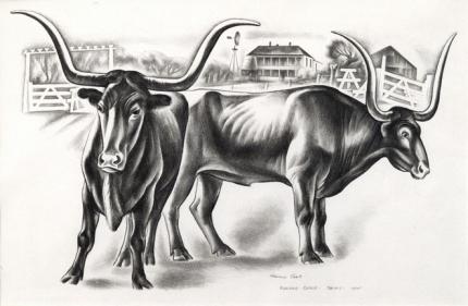 Howard Norton Cook, "Longhorns; edition of 25", lithograph, 1935