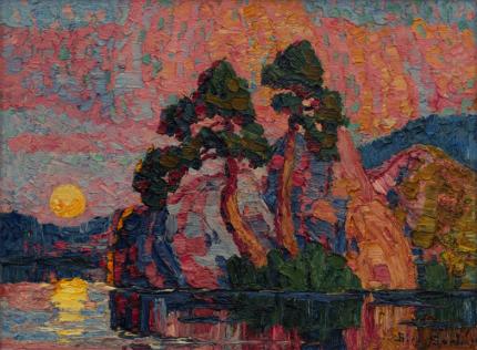 Sven Birger Sandzen, "Lake at Moonrise", oil, 1923