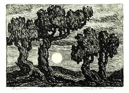 sandzén, Sven Birger Sandzen, "Moonrise in the Foothills, edition of 100", lithograph, 1923