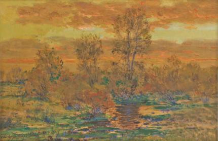 Charles Partridge Adams, "Autumn Sunset Near Denver, Colorado", mixed media, c. 1900 painting for sale