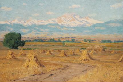 Charles Partridge Adams, "Untitled (Haystacks, Longs Peak from Near Longmont, Colorado)", oil, c. 1900 painting for sale
