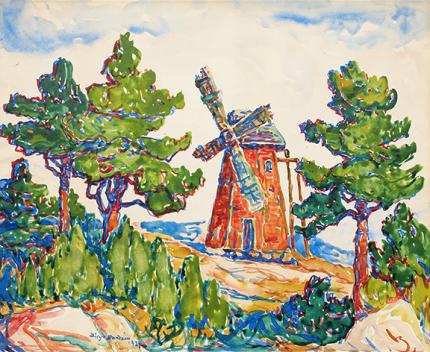 sandzén, Sven Birger Sandzen, "Untitled (Windmill)", watercolor on paper, 1924