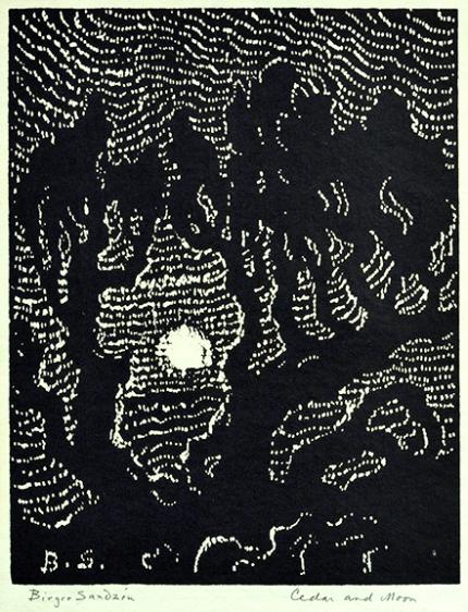 sandzén, Sven Birger Sandzen, "Cedar and Moon; 1 edition printed", woodcut, 1919