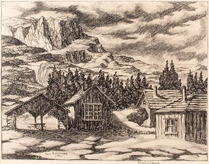 Thomas Berger Johnson, "Mountain Cabins (Estes Park, Colorado)", lithograph, 1932