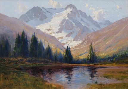 Charles Partridge Adams, "Arapaho Peaks, Vicinity of Boulder, Colorado from a small lake near old Camp Albion", oil, c. 1905 painting for sale