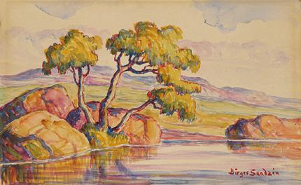 sandzén, Sven Birger Sandzen, "Pond with Willows", watercolor on paper, c. 1937
