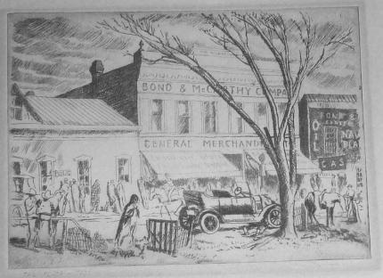 Ward Lockwood, "The Plaza Taos", etching, 1928 graphic print litho