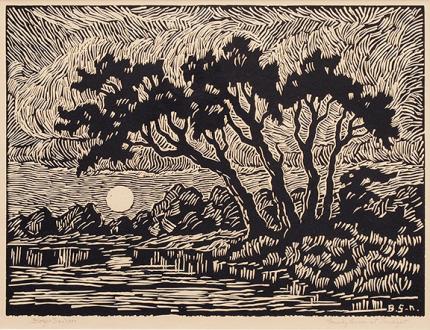 sandzén, Sven Birger Sandzen, "Smoky River at Twilight", woodcut