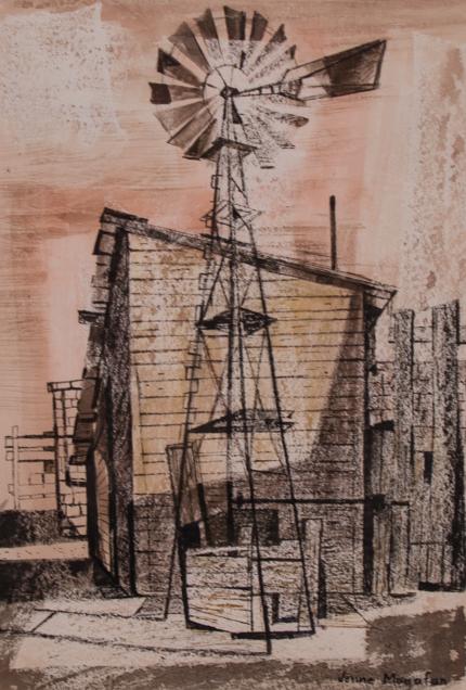 Jenne Magafan, "Windmill on the Plains", mixed media, 1941
