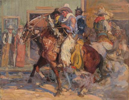 Allen Tupper True, "Untitled (Cowboys, Denver)", oil, c. 1910