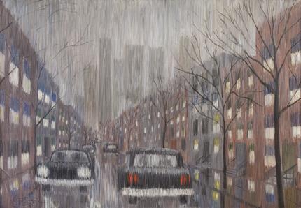 Edward Goldman, "Cars in Rain", acrylic, May 1965