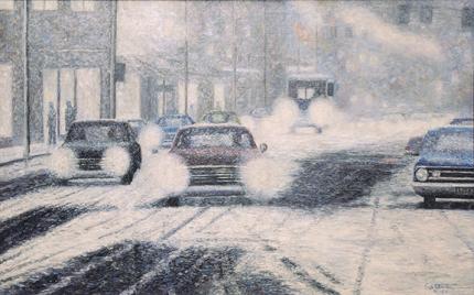 Edward Goldman, "Snowy Night", acrylic, April 1966