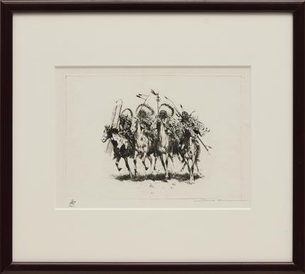 Edward Borein, "Buckskin and Feathers", etching, 1922 frame