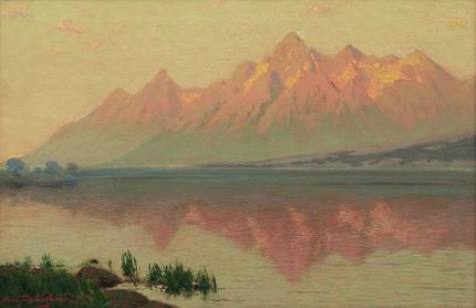 Charles Partridge Adams, "Teton Range - Wyoming - from Jackson Lake (Just after Sunrise)", oil, c. 1910
