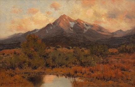 Charles Partridge Adams, "Mt. Princeton at Sunset from Buena Vista, Colorado", oil, 1900, painting antique, Aspen stream mountain