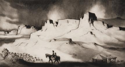 Gene (Alice Geneva) Kloss, "Buttes of Lukachukai, 28/35", etching, 1977