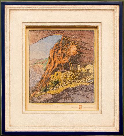 Gustave Baumann, "Ceremonial Cave at Frijoles Canyon, 8/100", woodcut (nailcut), 1919 for purchase sale consignment auction denver colorado art gallery museum 