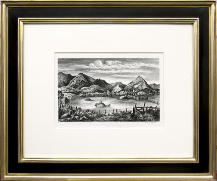 Frederick Shane, "Farm in the Rockies (Colorado)", lithograph, 1938, Fred Shane, WPA era, modernist, mountain landscape, black & white, framed, vintage colorado art for sale, print