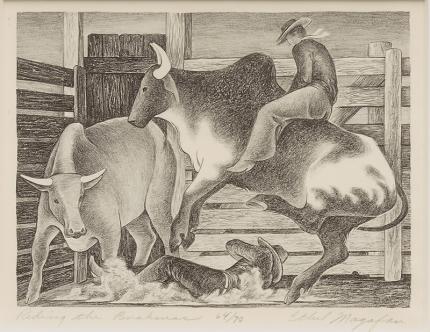 Ethel Magafan, "Riding the Brahmas, #64/70", lithograph, 1938 print for sale purchase auction art gallery