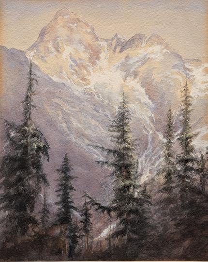 "Forest Scene with Snow Covered Peaks", watercolor, early 20th century