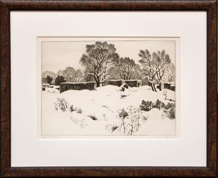 Gene (Alice Geneva) Kloss, "Adobes in the Snow (New Mexico); edition of 75", etching, 1944 for sale purchase consign auction denver Colorado art gallery museum