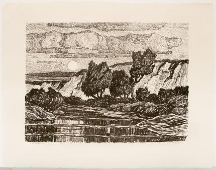 Sven Birger Sandzen, "Creek at Moonrise; edition of 50", lithograph, 1921