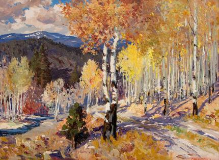 Fremont Ellis, "Autumn Aspen - Santa Fe Canyon (New Mexico)", oil, circa 1928