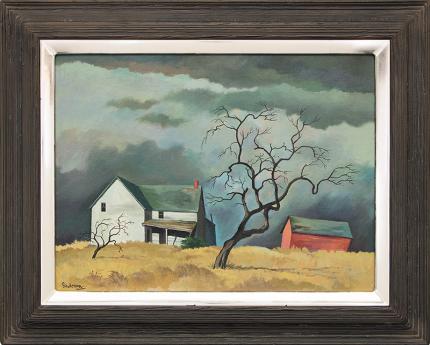 William Sanderson, "Red Barn and Tree (Colorado)", oil, circa 1970 fine art for sale purchase buy sell auction consign denver colorado art gallery museum